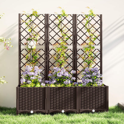 PP Garden Planter with Trellis Large Outdoor Planter with Drainage Holes Water Reservoirs for Climbing Plants Planter with Support for Garden Patio Terrace 120x40x135 cm Brown