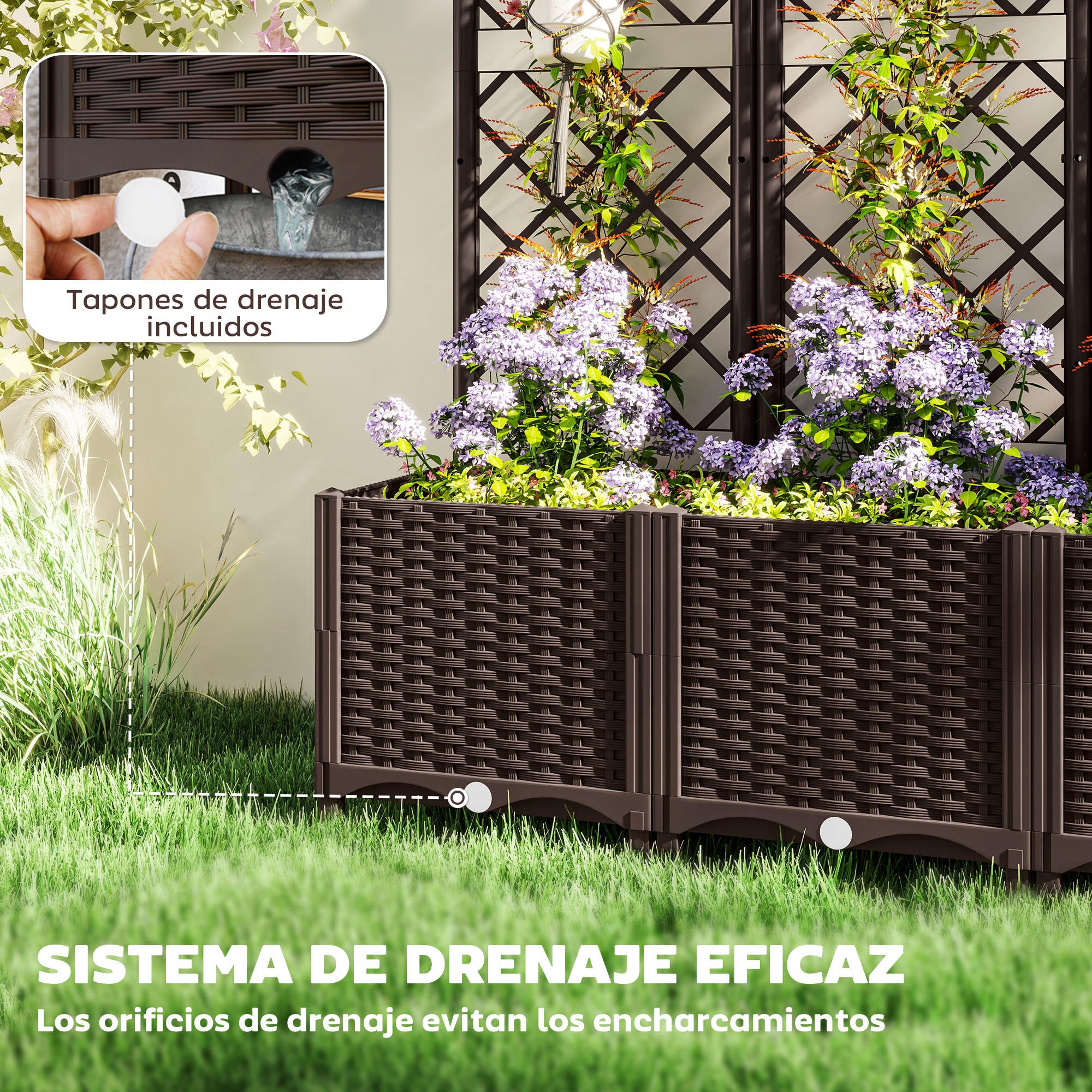 PP Garden Planter with Trellis Large Outdoor Planter with Drainage Holes Water Reservoirs for Climbing Plants Planter with Support for Garden Patio Terrace 120x40x135 cm Brown