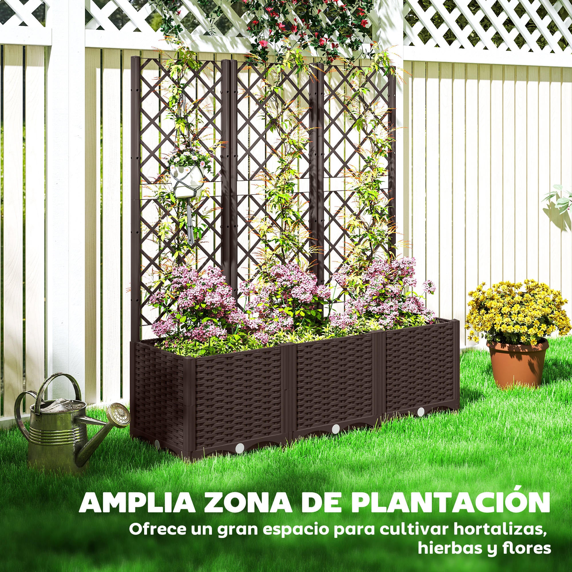 PP Garden Planter with Trellis Large Outdoor Planter with Drainage Holes Water Reservoirs for Climbing Plants Planter with Support for Garden Patio Terrace 120x40x135 cm Brown