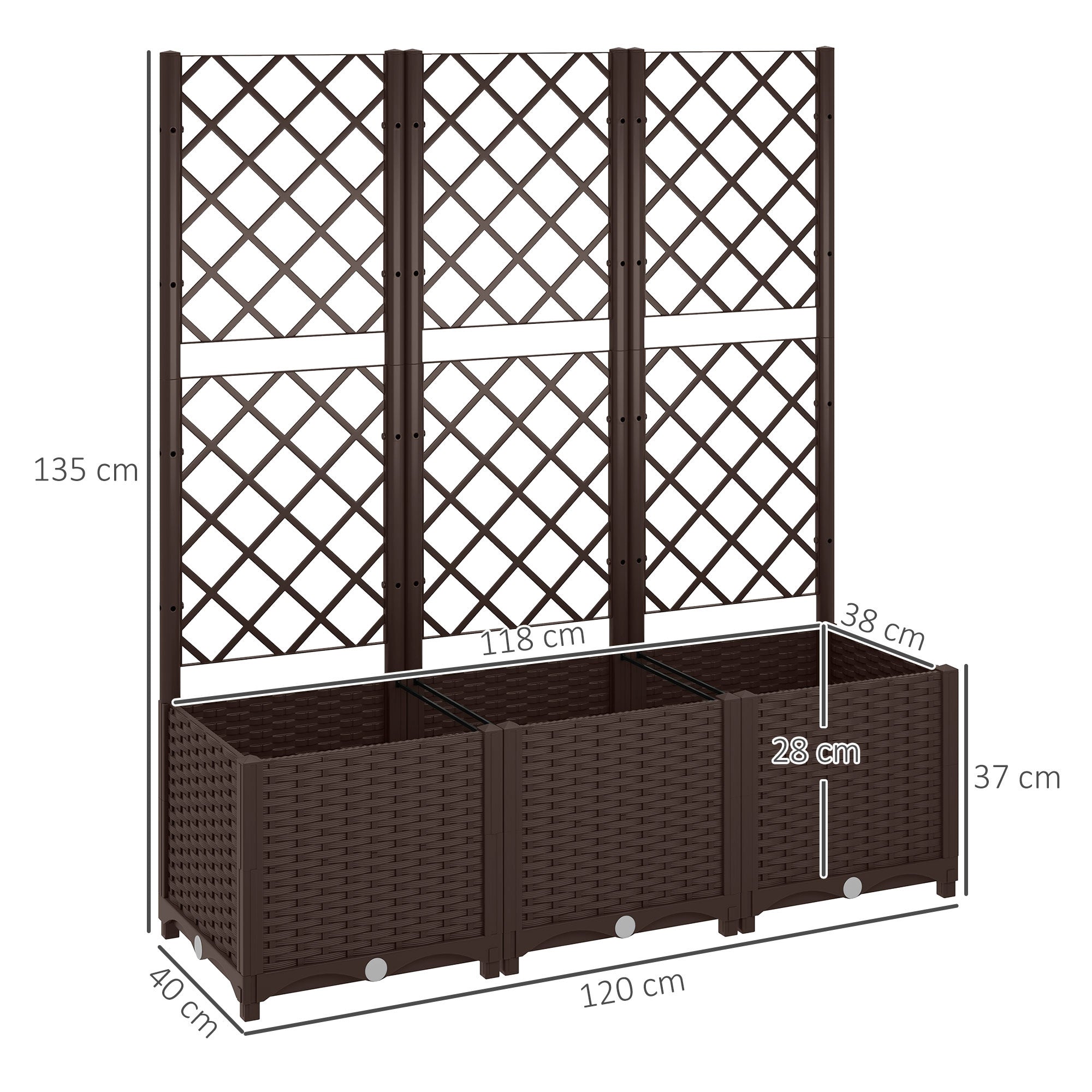 PP Garden Planter with Trellis Large Outdoor Planter with Drainage Holes Water Reservoirs for Climbing Plants Planter with Support for Garden Patio Terrace 120x40x135 cm Brown