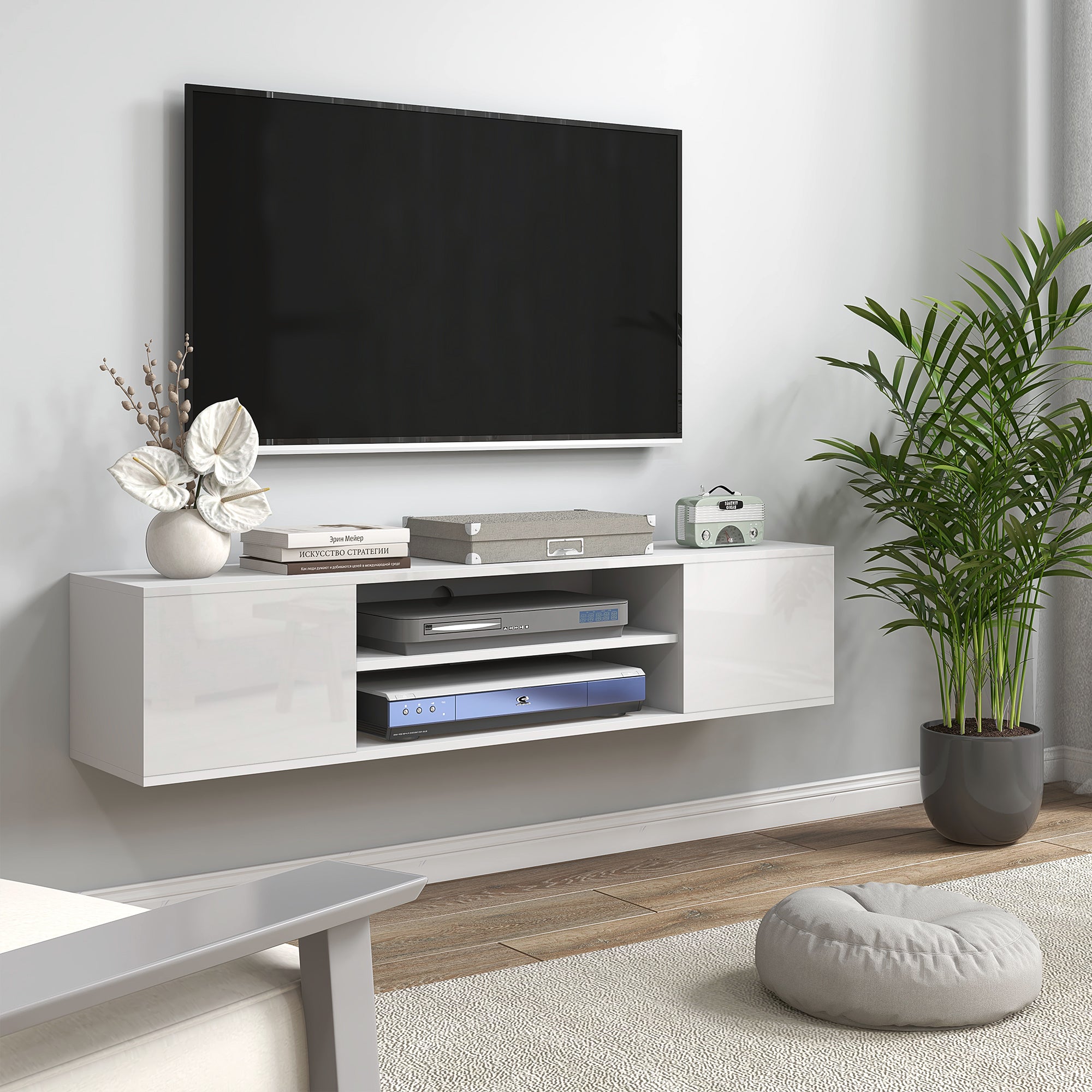 Wall-mounted TV bench in contemporary style - 2 cupboards 2 central niches and 2 cable management holes 140 x 30 x 30 cm white