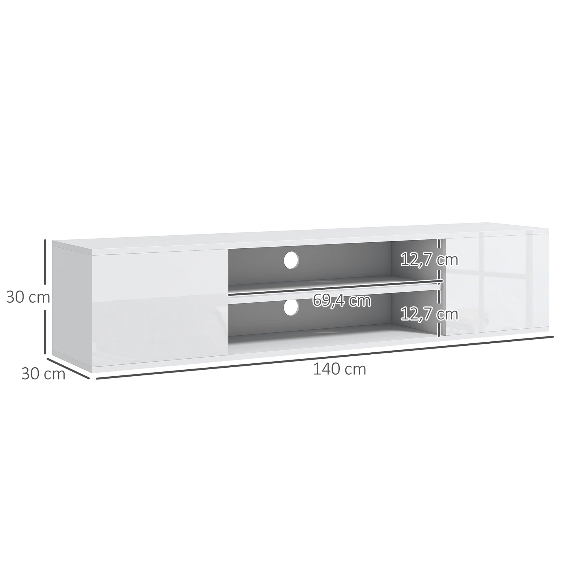 Wall-mounted TV bench in contemporary style - 2 cupboards 2 central niches and 2 cable management holes 140 x 30 x 30 cm white
