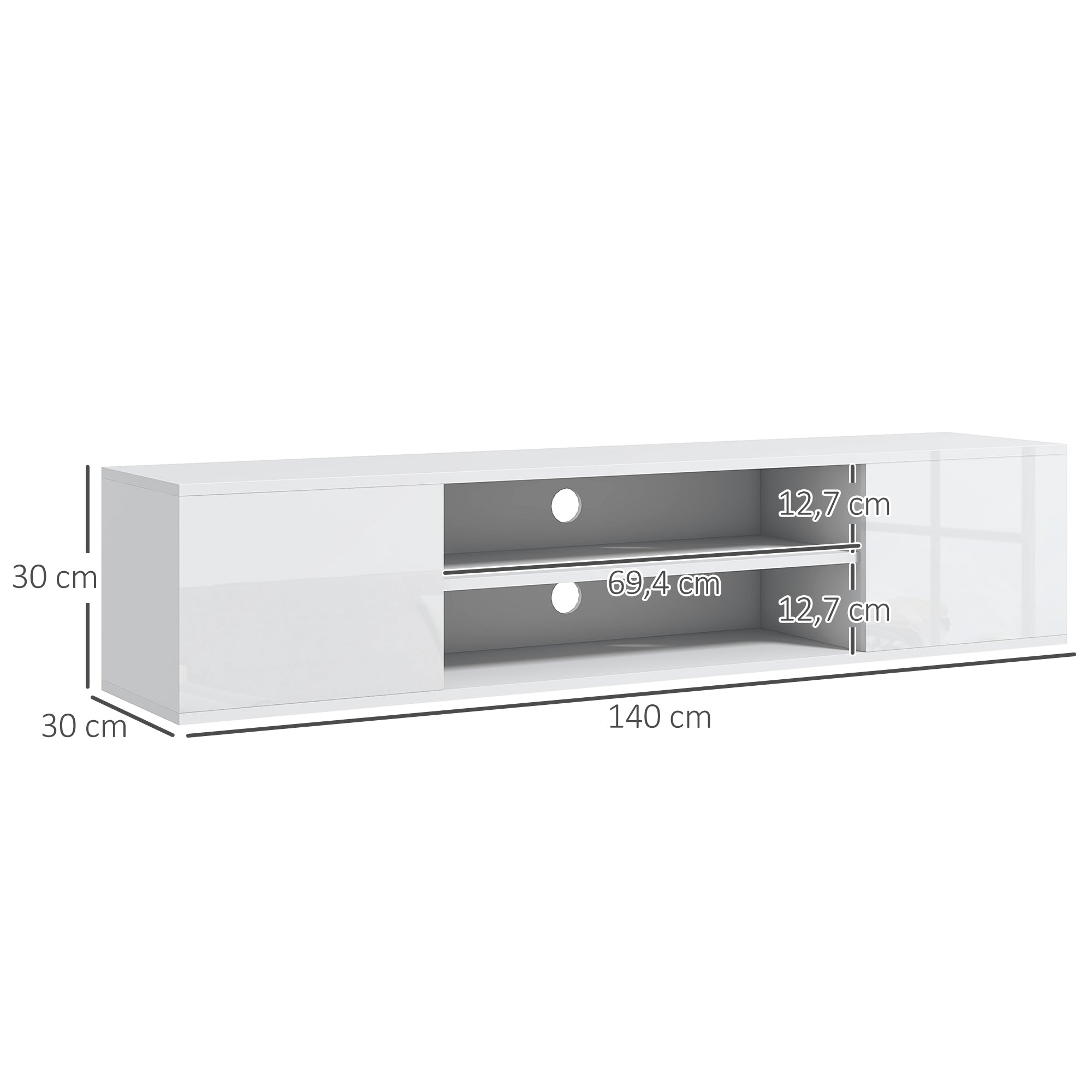 Wall-mounted TV bench in contemporary style - 2 cupboards 2 central niches and 2 cable management holes 140 x 30 x 30 cm white