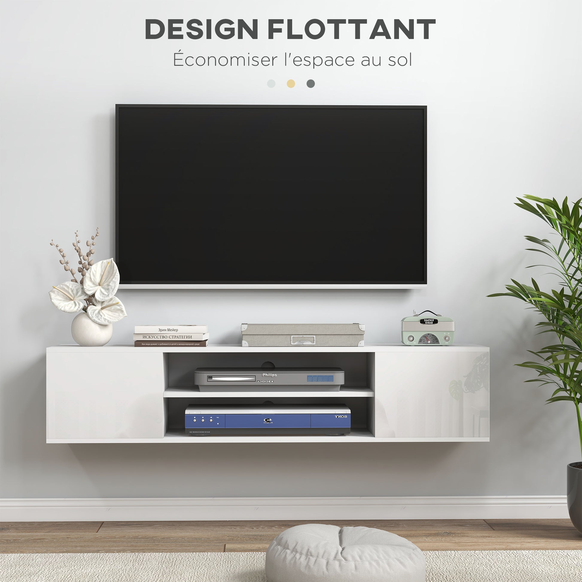 Wall-mounted TV bench in contemporary style - 2 cupboards 2 central niches and 2 cable management holes 140 x 30 x 30 cm white