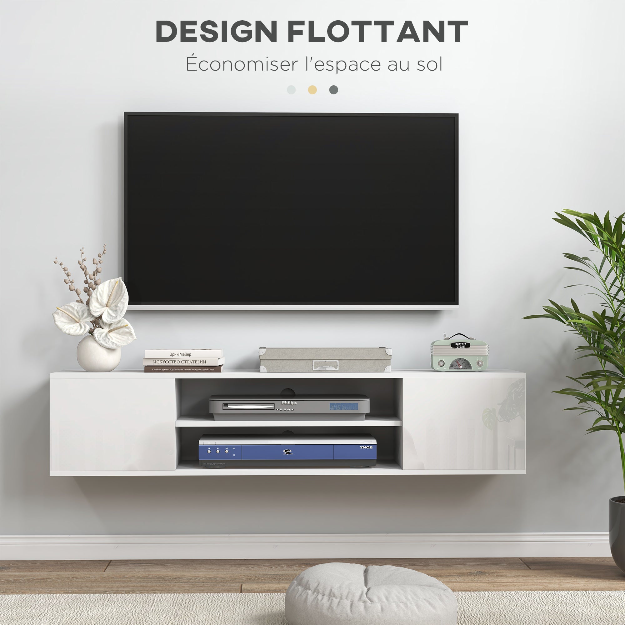 Wall-mounted TV bench in contemporary style - 2 cupboards 2 central niches and 2 cable management holes 140 x 30 x 30 cm white