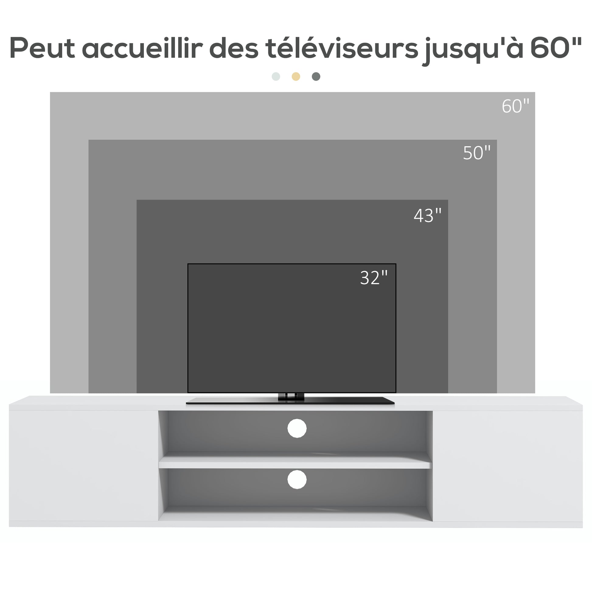 Wall-mounted TV bench in contemporary style - 2 cupboards 2 central niches and 2 cable management holes 140 x 30 x 30 cm white