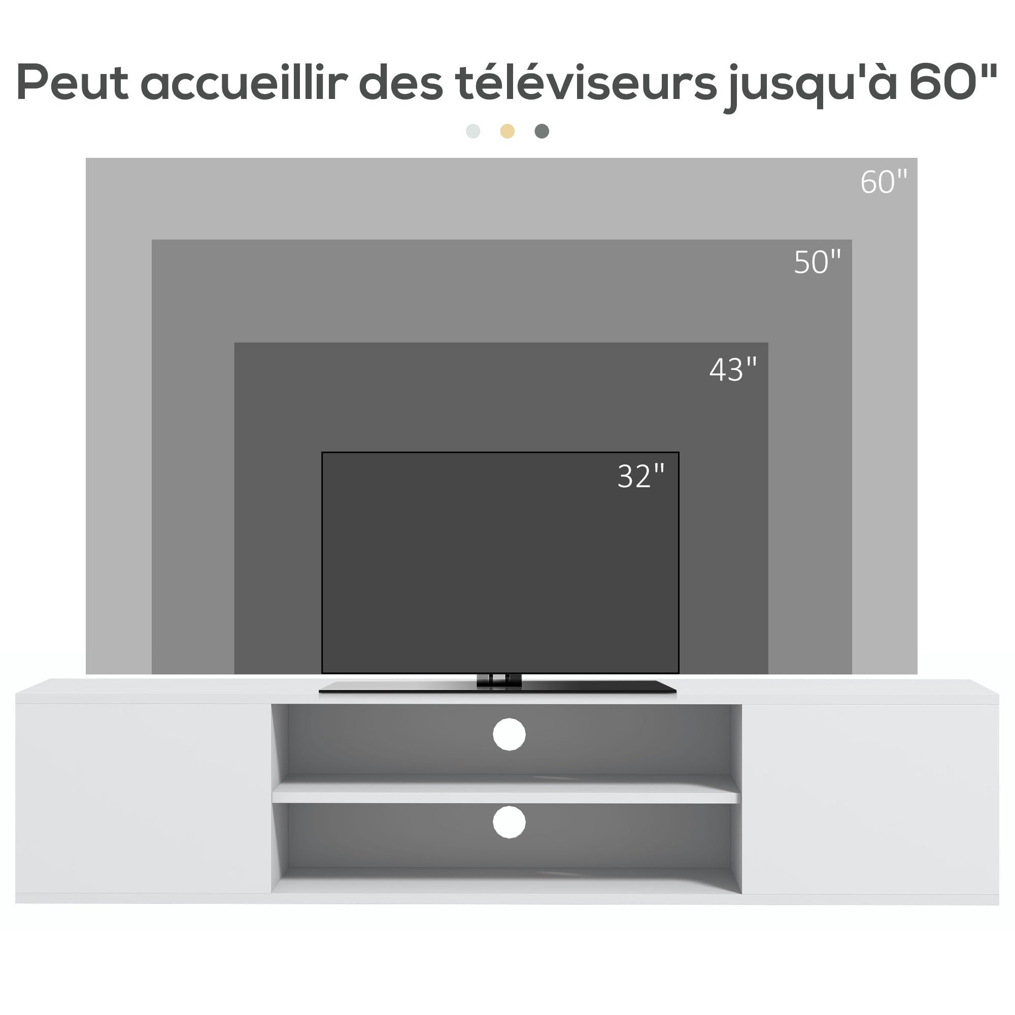Wall-mounted TV bench in contemporary style - 2 cupboards 2 central niches and 2 cable management holes 140 x 30 x 30 cm white