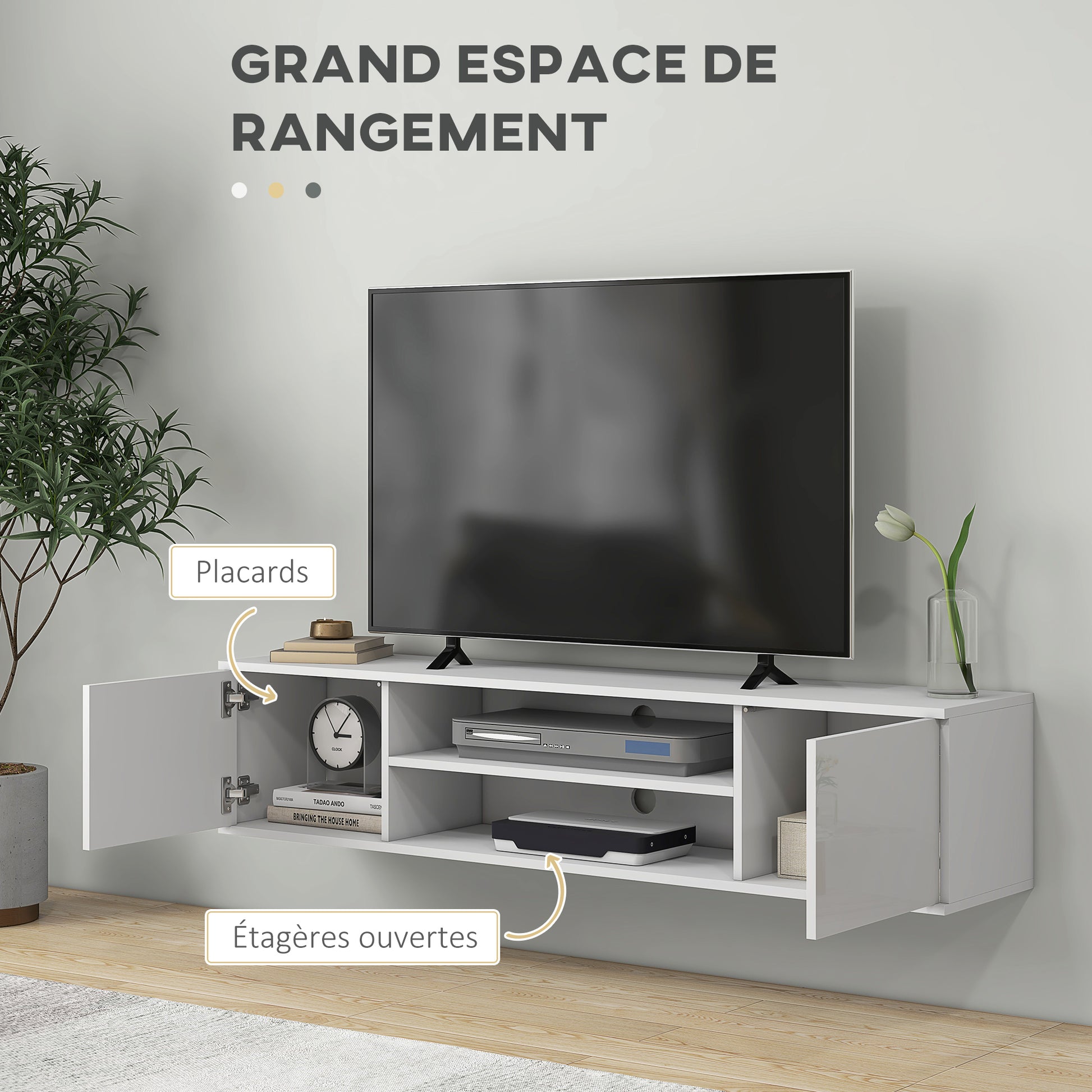Wall-mounted TV bench in contemporary style - 2 cupboards 2 central niches and 2 cable management holes 140 x 30 x 30 cm white