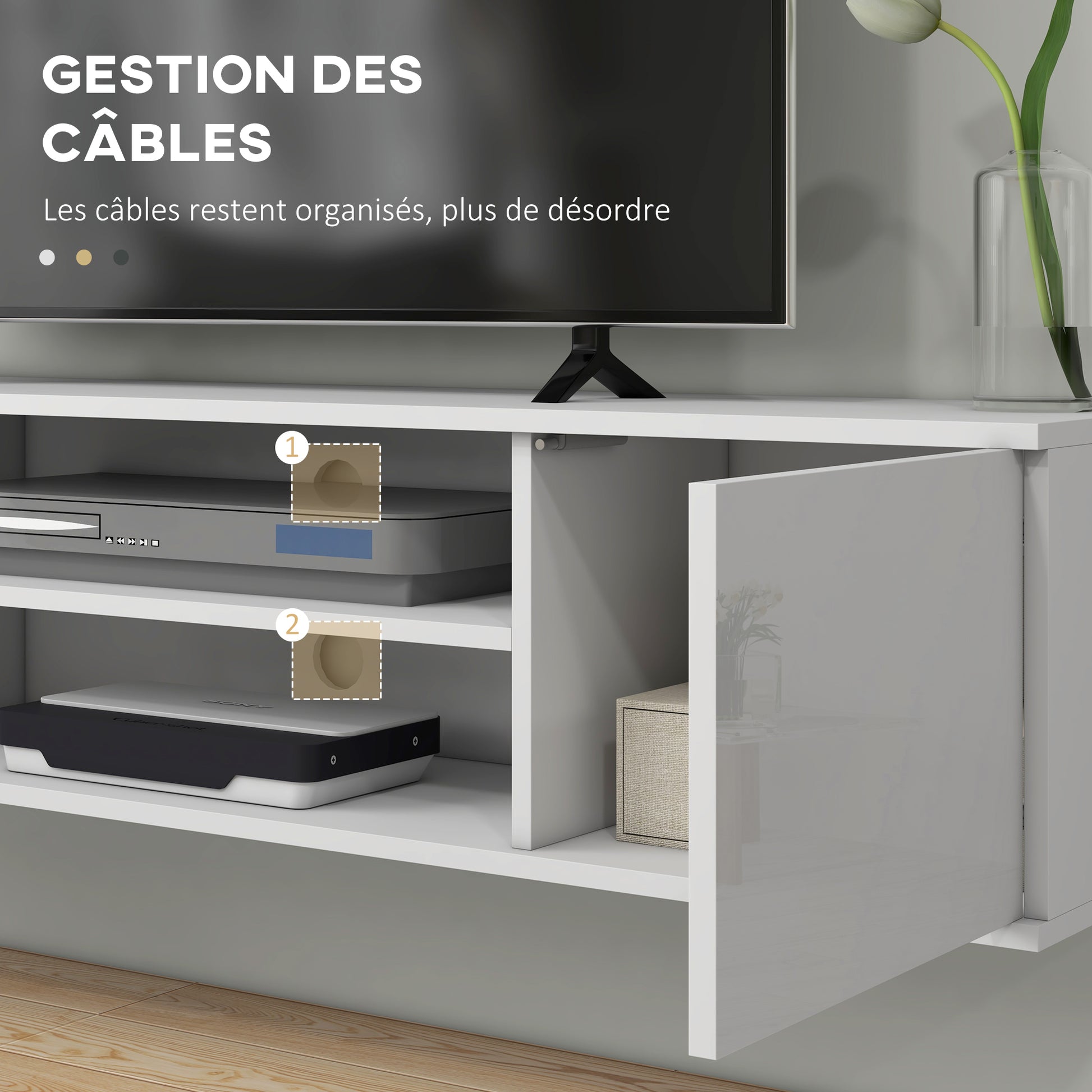 Wall-mounted TV bench in contemporary style - 2 cupboards 2 central niches and 2 cable management holes 140 x 30 x 30 cm white