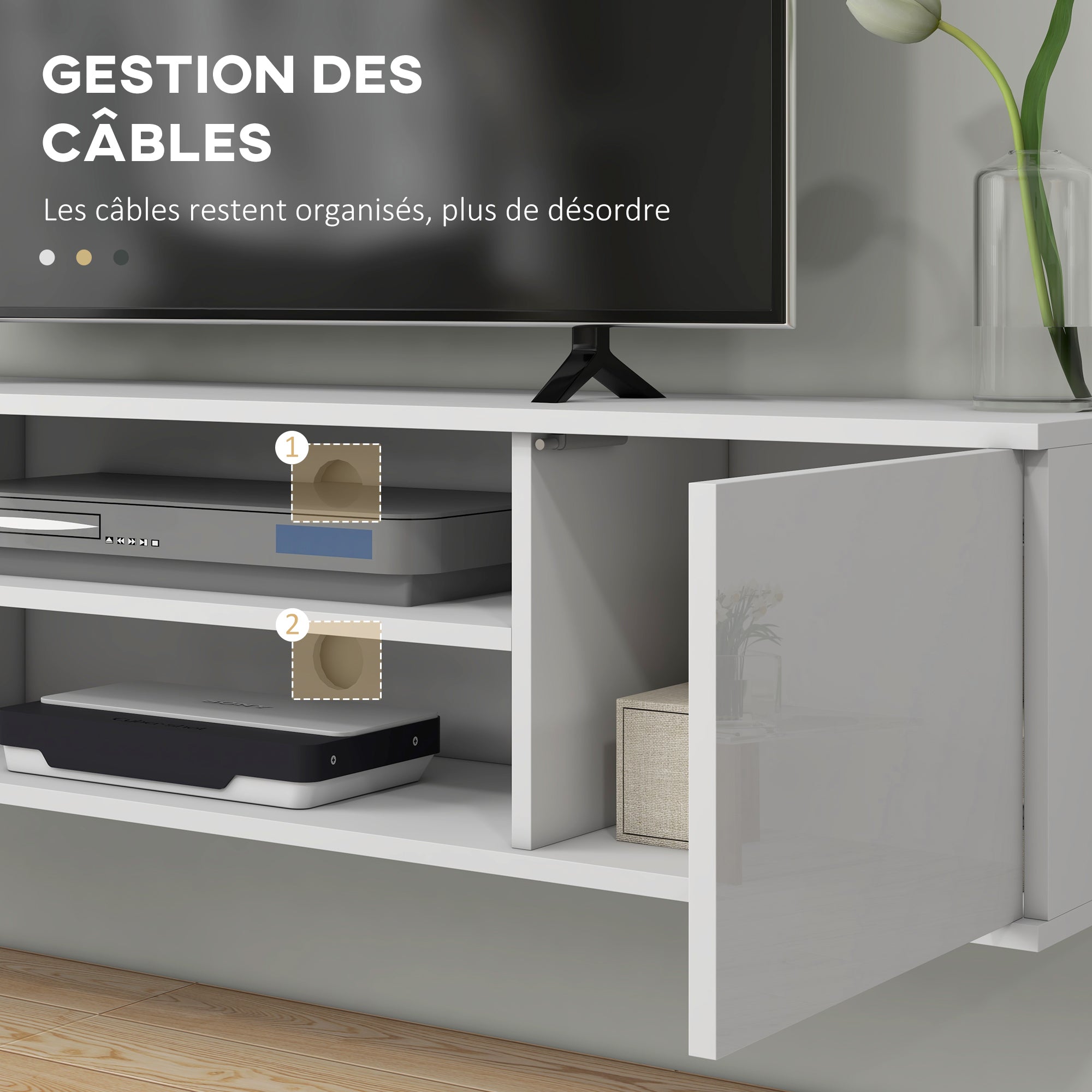 Wall-mounted TV bench in contemporary style - 2 cupboards 2 central niches and 2 cable management holes 140 x 30 x 30 cm white