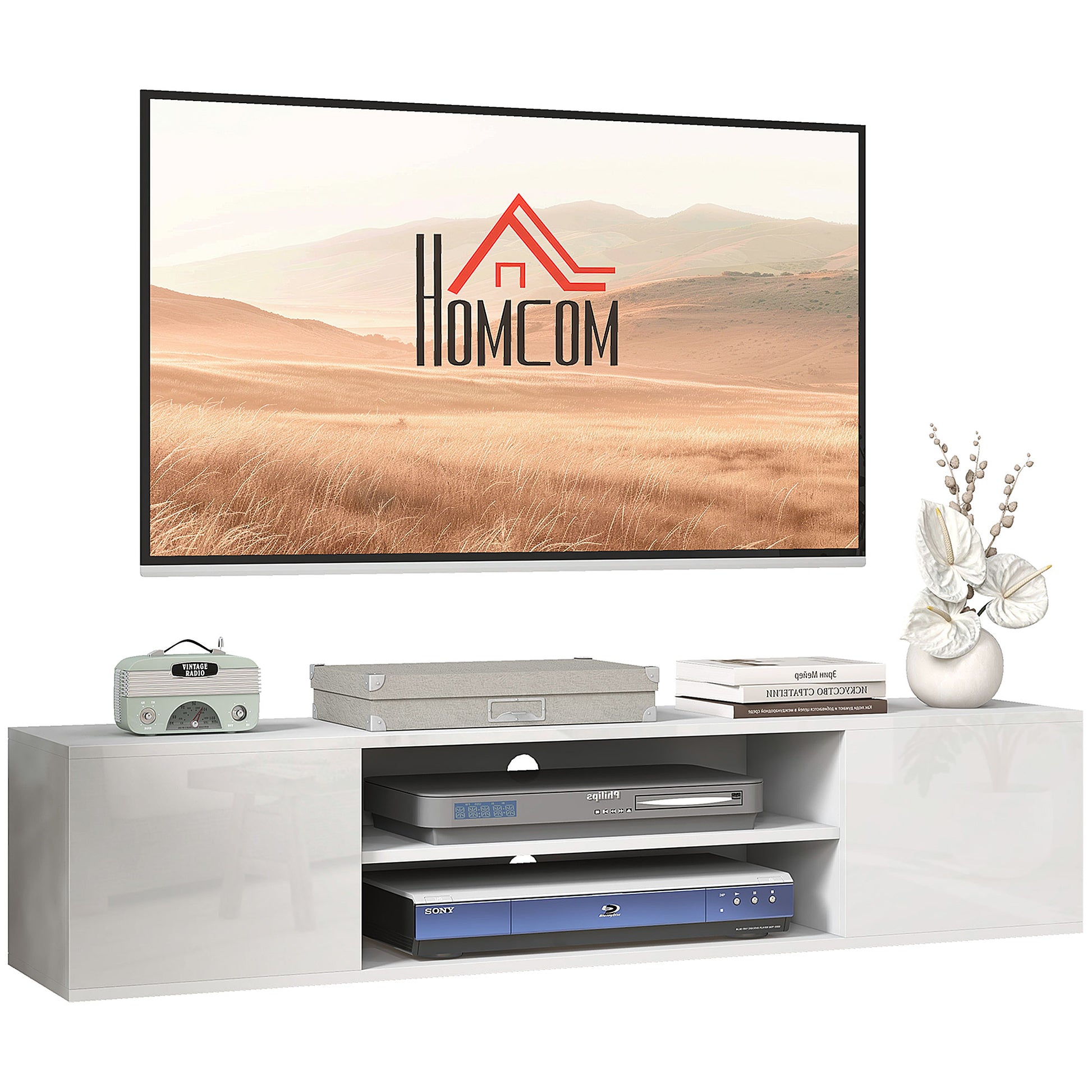 Wall-mounted TV bench in contemporary style - 2 cupboards 2 central niches and 2 cable management holes 140 x 30 x 30 cm white
