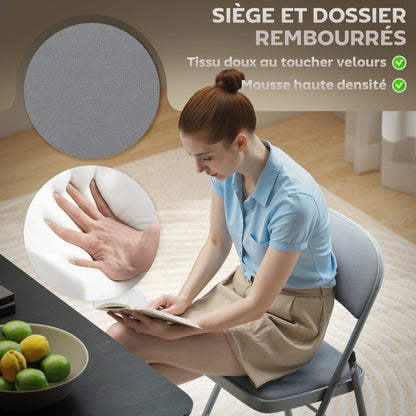 Set of 4 folding dining chairs, portable indoor chairs with velvet padded seats and backs, steel frame, holds up to 120kg, light grey