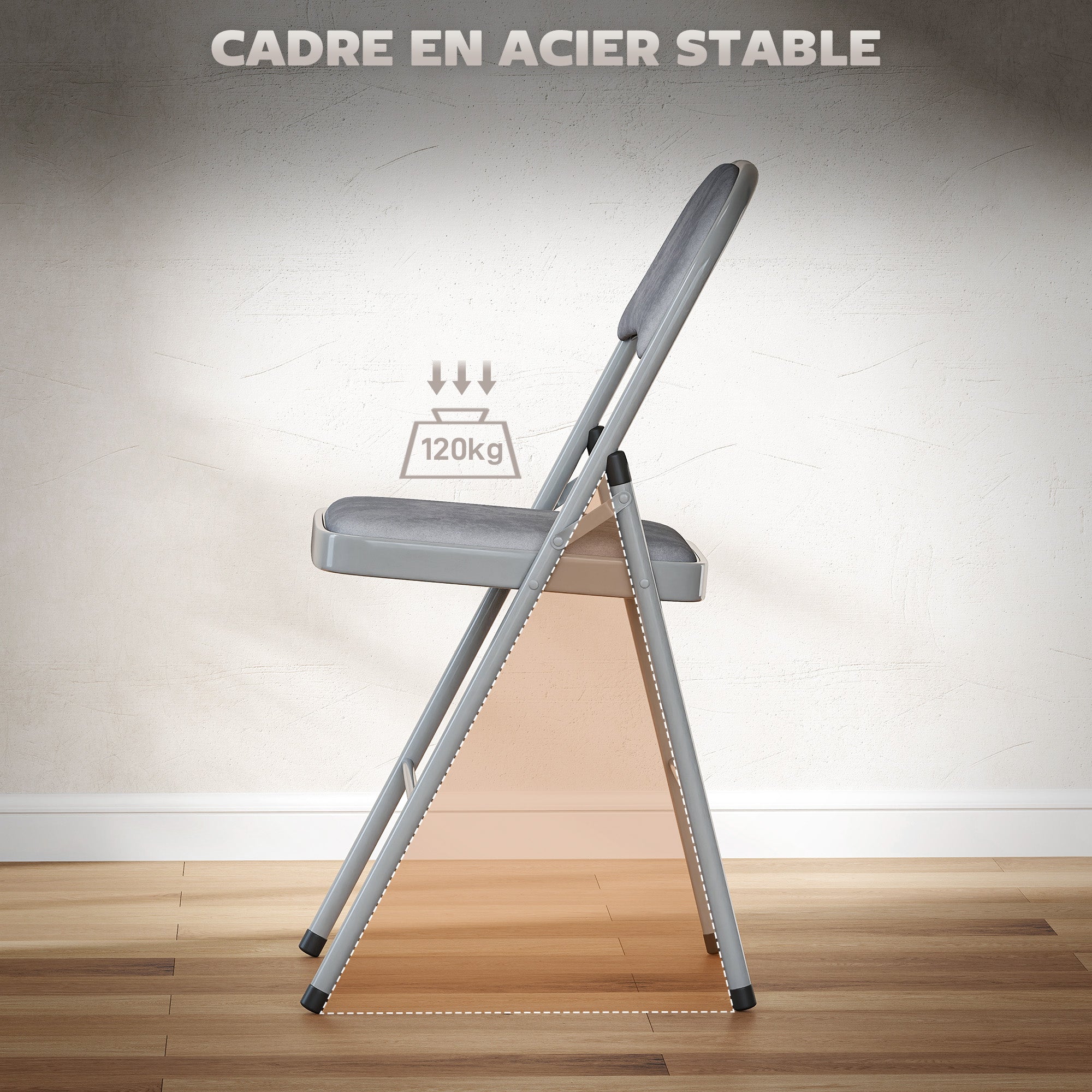 Set of 4 folding dining chairs, portable indoor chairs with velvet padded seats and backs, steel frame, holds up to 120kg, light grey
