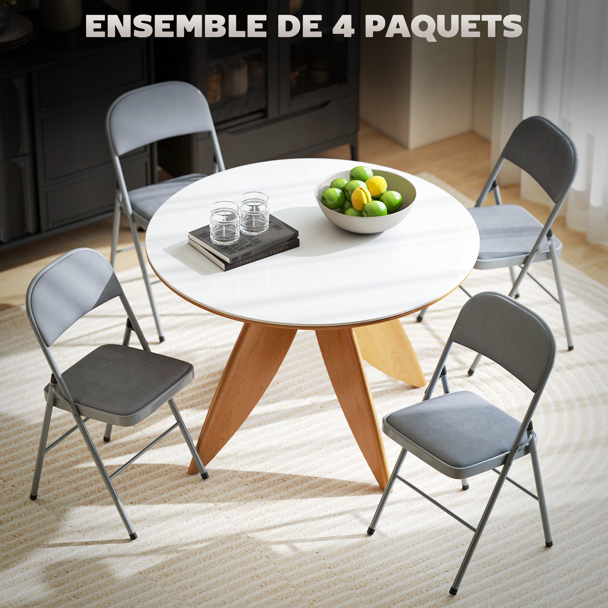 Set of 4 folding dining chairs, portable indoor chairs with velvet padded seats and backs, steel frame, holds up to 120kg, light grey