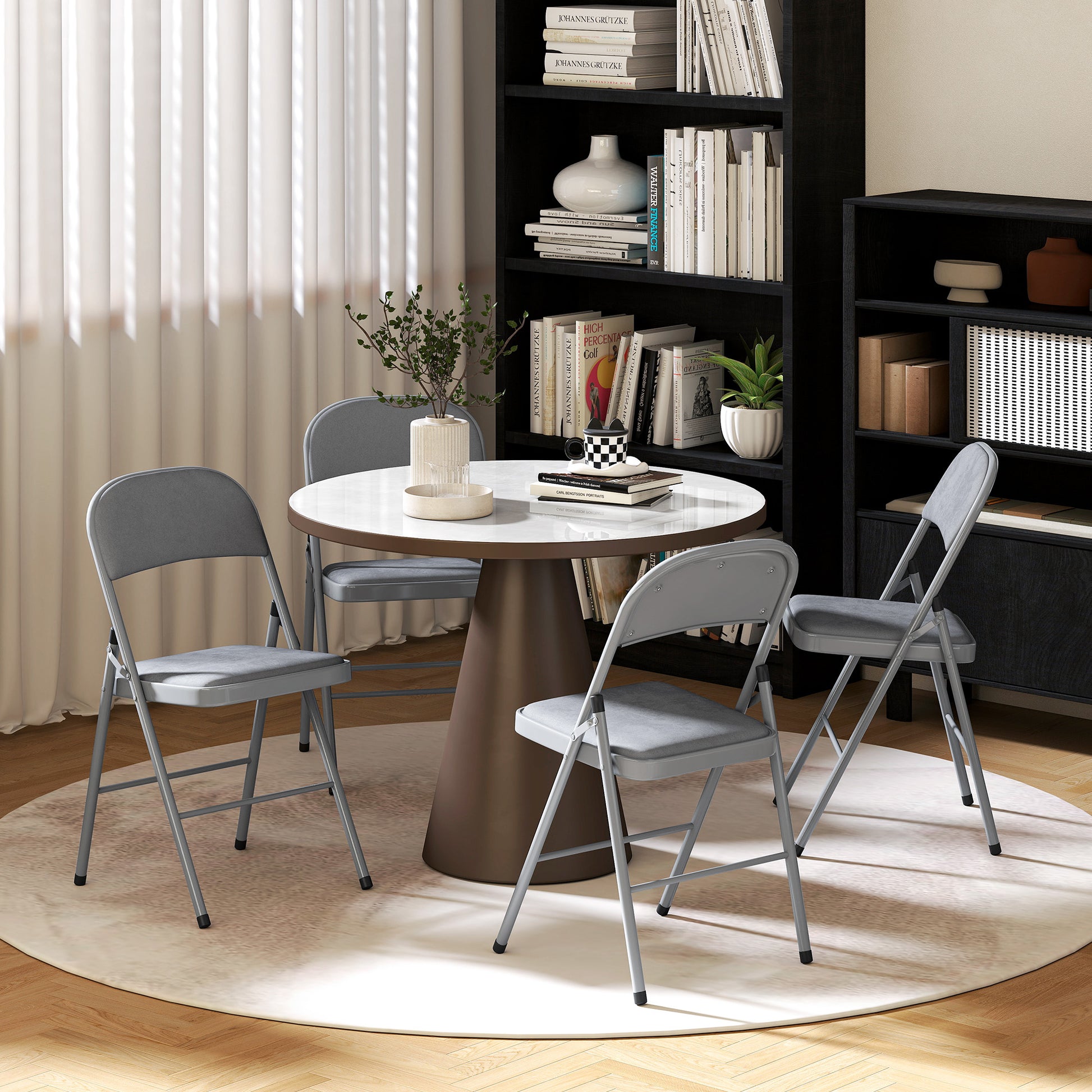 Set of 4 folding dining chairs, portable indoor chairs with velvet padded seats and backs, steel frame, holds up to 120kg, light grey