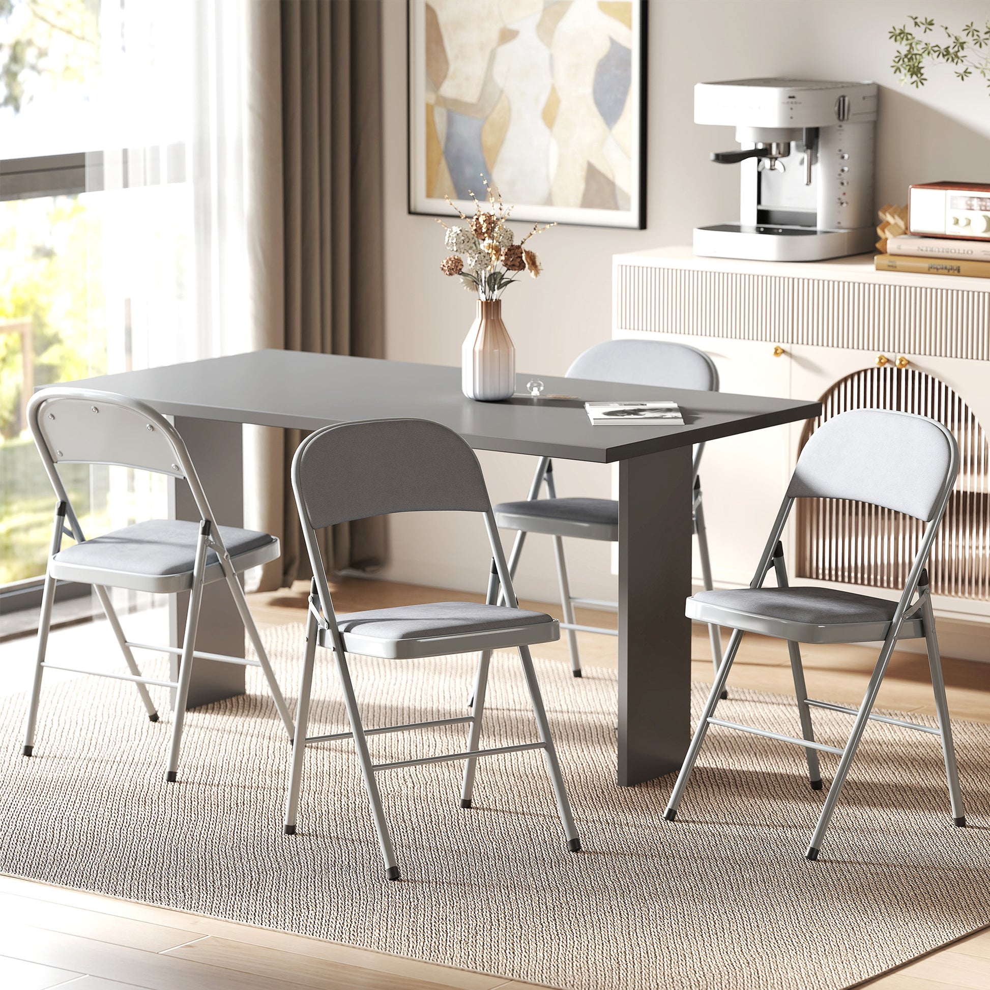 Set of 4 folding dining chairs, portable indoor chairs with velvet padded seats and backs, steel frame, holds up to 120kg, light grey