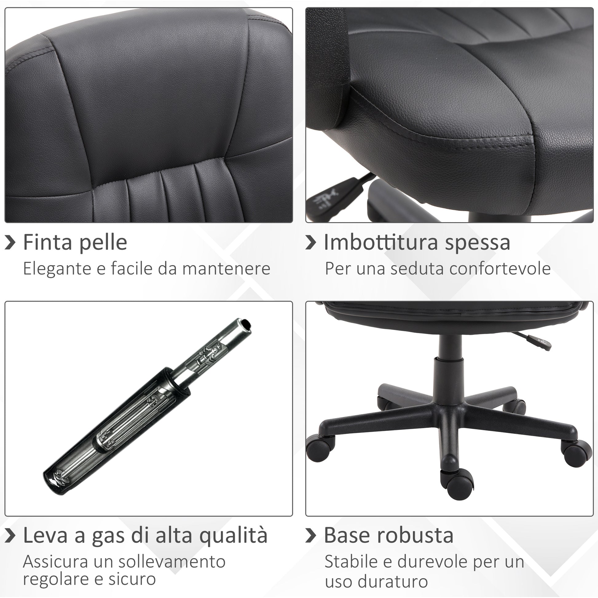 Ergonomic and Swivel Office Chair, Office Armchair with Adjustable Height in Faux Leather 60x60x94-103cm Black