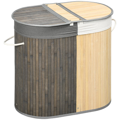 Bamboo Laundry Basket with 100L Capacity Laundry Hamper with Flip Lid and Removable 2-Compartment Bag 62.5x37x60.5 cm Gray and Natural