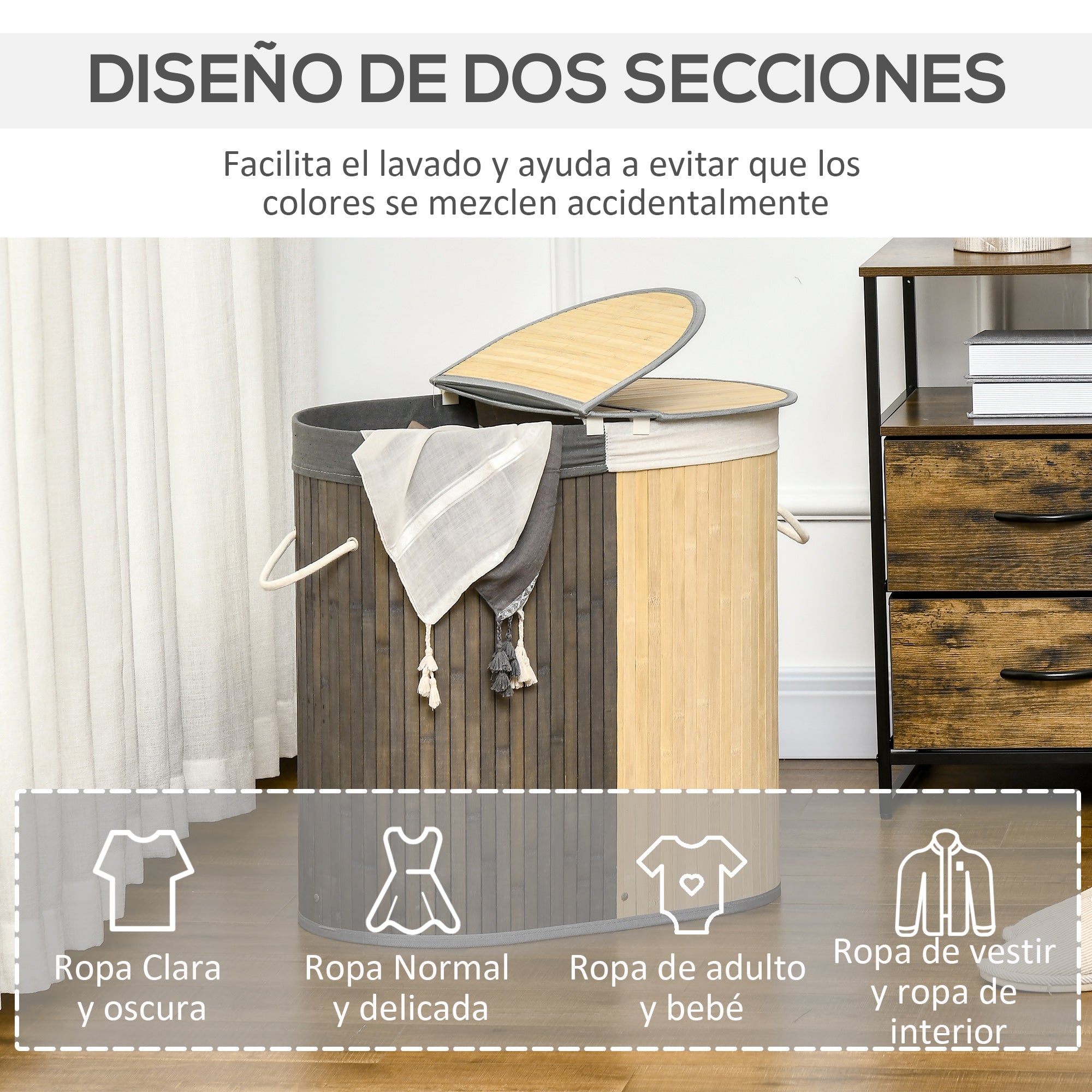 Bamboo Laundry Basket with 100L Capacity Laundry Hamper with Flip Lid and Removable 2-Compartment Bag 62.5x37x60.5 cm Gray and Natural