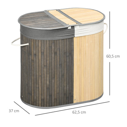 Bamboo Laundry Basket with 100L Capacity Laundry Hamper with Flip Lid and Removable 2-Compartment Bag 62.5x37x60.5 cm Gray and Natural