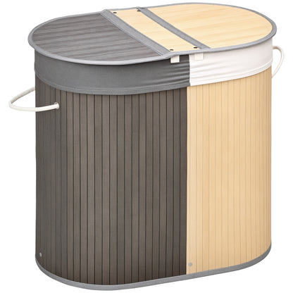 Bamboo Laundry Basket with 100L Capacity Laundry Hamper with Flip Lid and Removable 2-Compartment Bag 62.5x37x60.5 cm Gray and Natural