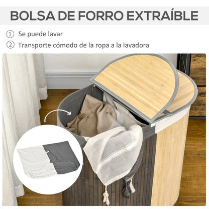 Bamboo Laundry Basket with 100L Capacity Laundry Hamper with Flip Lid and Removable 2-Compartment Bag 62.5x37x60.5 cm Gray and Natural