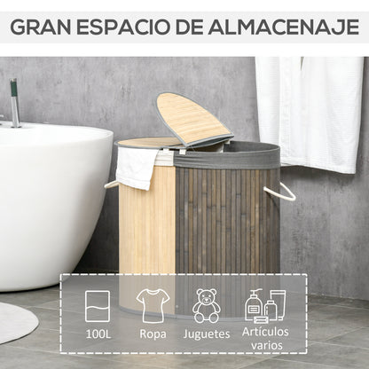 Bamboo Laundry Basket with 100L Capacity Laundry Hamper with Flip Lid and Removable 2-Compartment Bag 62.5x37x60.5 cm Gray and Natural