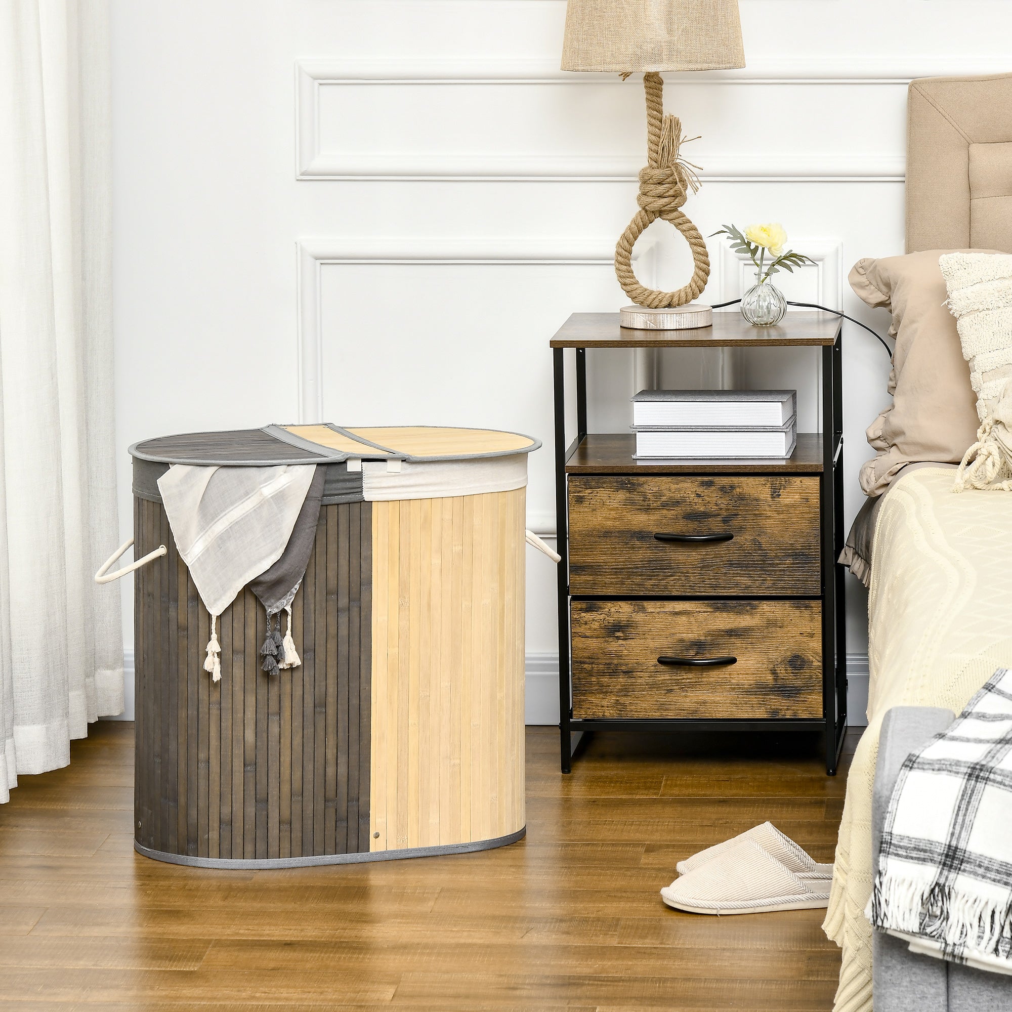 Bamboo Laundry Basket with 100L Capacity Laundry Hamper with Flip Lid and Removable 2-Compartment Bag 62.5x37x60.5 cm Gray and Natural
