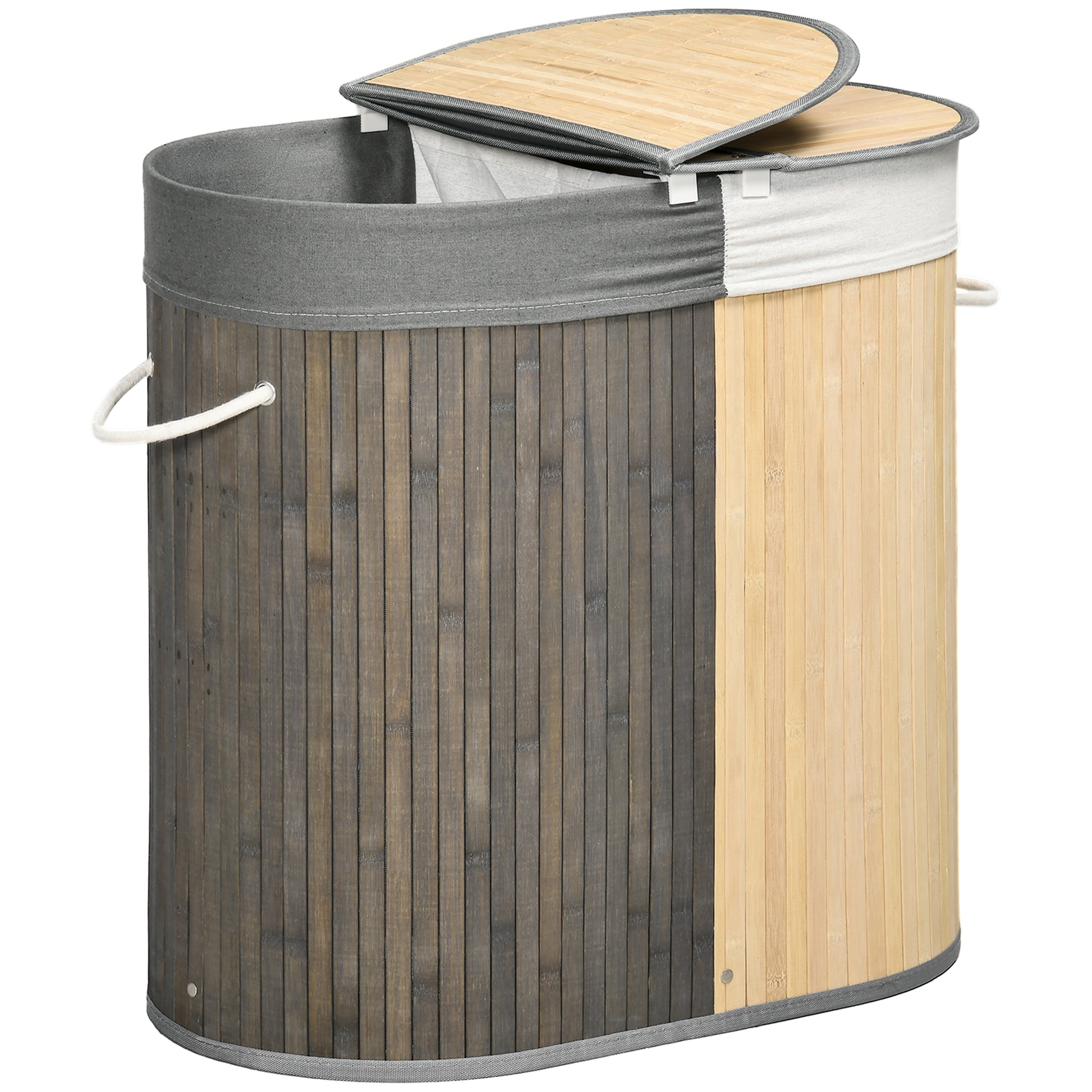Bamboo Laundry Basket with 100L Capacity Laundry Hamper with Flip Lid and Removable 2-Compartment Bag 62.5x37x60.5 cm Gray and Natural