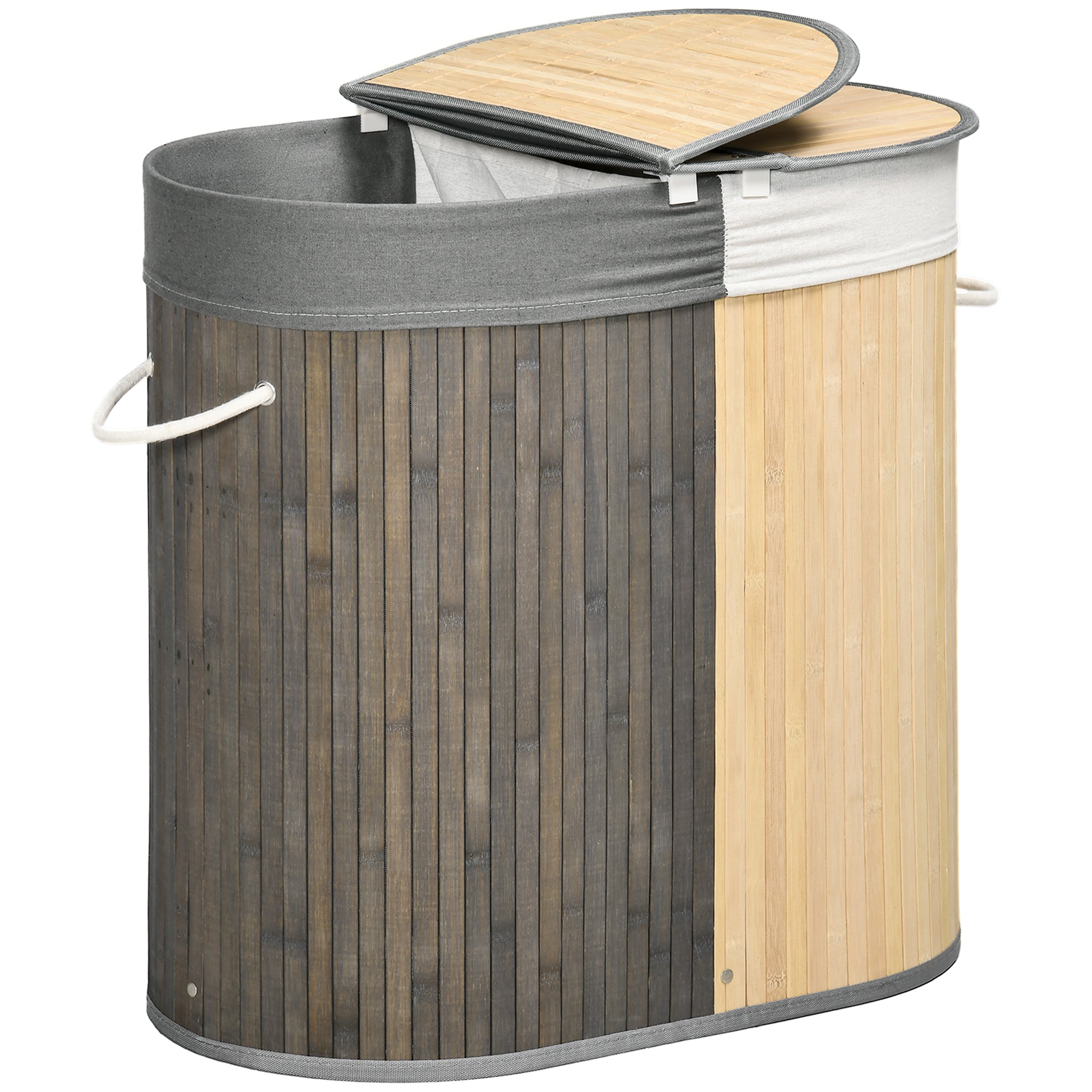 Bamboo Laundry Basket with 100L Capacity Laundry Hamper with Flip Lid and Removable 2-Compartment Bag 62.5x37x60.5 cm Gray and Natural