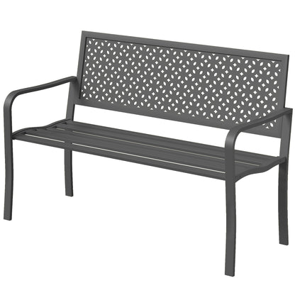 2-Seater Metal Garden Bench — Weatherproof Outdoor Bench with Rust-Resistant Louvered Steel Backrest, Geometric Design, Fits up to 529 lb, 50" x 24" x 33.5", Dark Gray