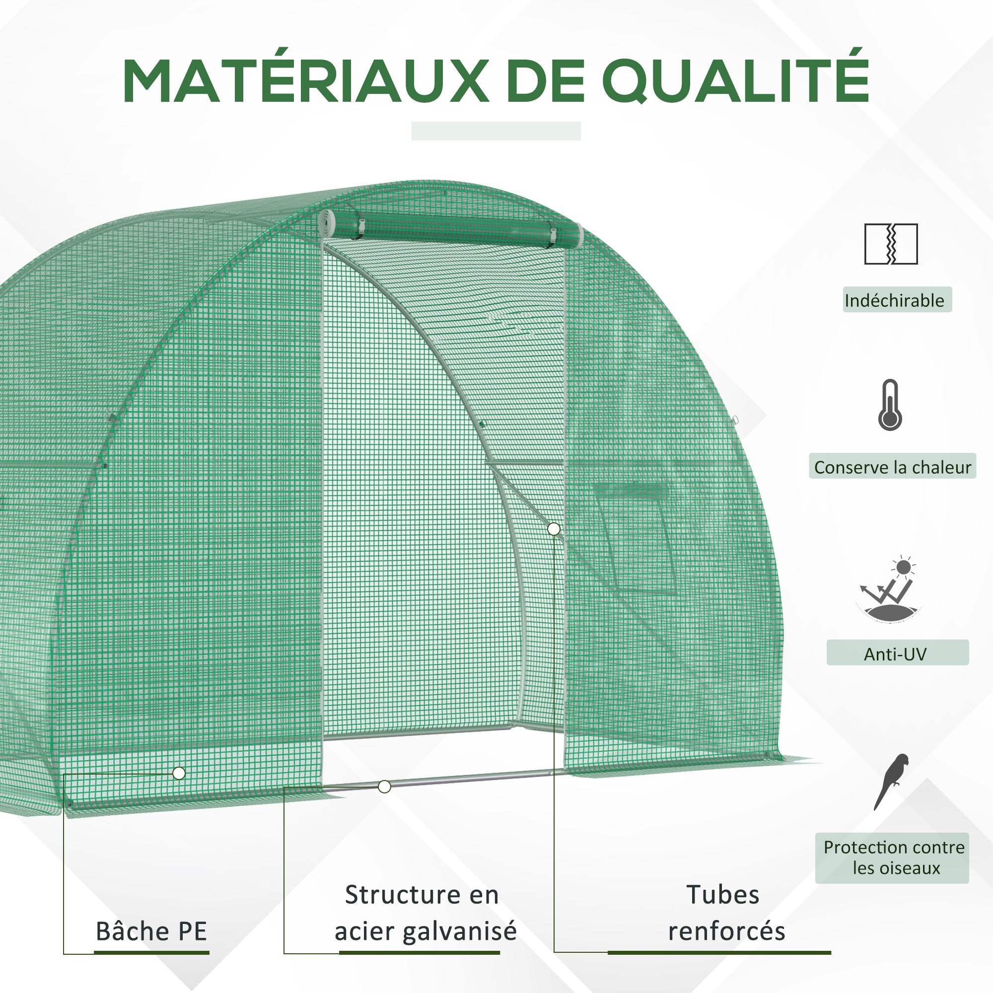 Garden Tunnel Greenhouse Wintering Greenhouse Ground Area 4.5 m² Dimensions 3L x 1.5W x 2H m Reinforced Tubular Frame Zippered Door 2 Roll-Up Windows Green