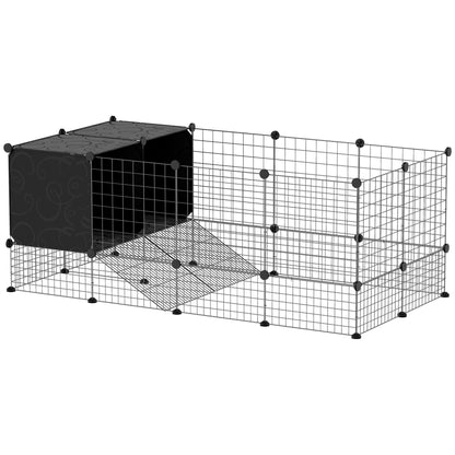 Modular Small Animal Cage with 2 Raised Houses, Indoor Rabbit Fence, Guinea Pig and Hedgehog Cage with 31 Panels, Black