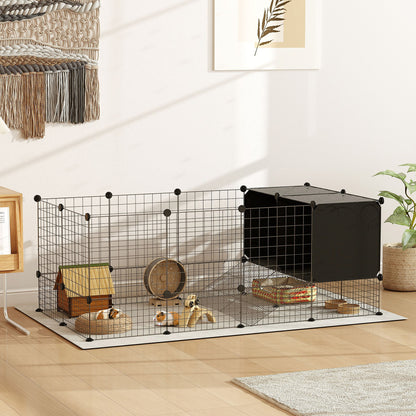 Modular Small Animal Cage with 2 Raised Houses, Indoor Rabbit Fence, Guinea Pig and Hedgehog Cage with 31 Panels, Black