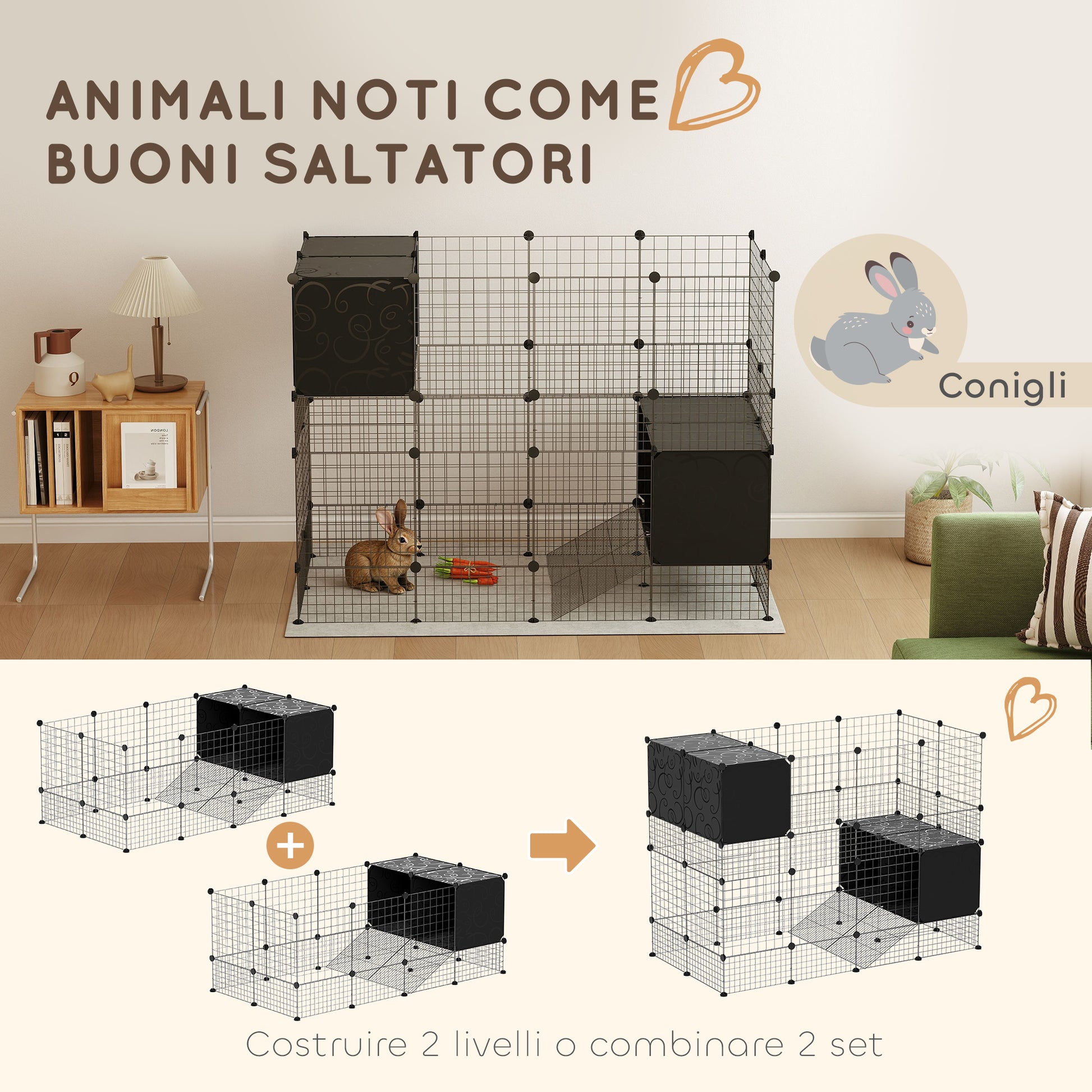 Modular Small Animal Cage with 2 Raised Houses, Indoor Rabbit Fence, Guinea Pig and Hedgehog Cage with 31 Panels, Black