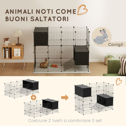 Modular Small Animal Cage with 2 Raised Houses, Indoor Rabbit Fence, Guinea Pig and Hedgehog Cage with 31 Panels, Black
