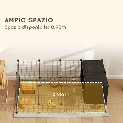 Modular Small Animal Cage with 2 Raised Houses, Indoor Rabbit Fence, Guinea Pig and Hedgehog Cage with 31 Panels, Black