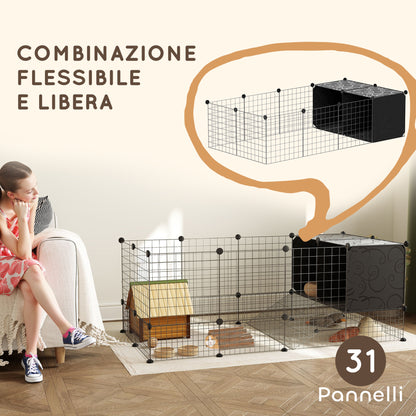 Modular Small Animal Cage with 2 Raised Houses, Indoor Rabbit Fence, Guinea Pig and Hedgehog Cage with 31 Panels, Black