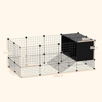 Modular Small Animal Cage with 2 Raised Houses, Indoor Rabbit Fence, Guinea Pig and Hedgehog Cage with 31 Panels, Black