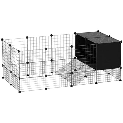 Modular Small Animal Cage with 2 Raised Houses, Indoor Rabbit Fence, Guinea Pig and Hedgehog Cage with 31 Panels, Black