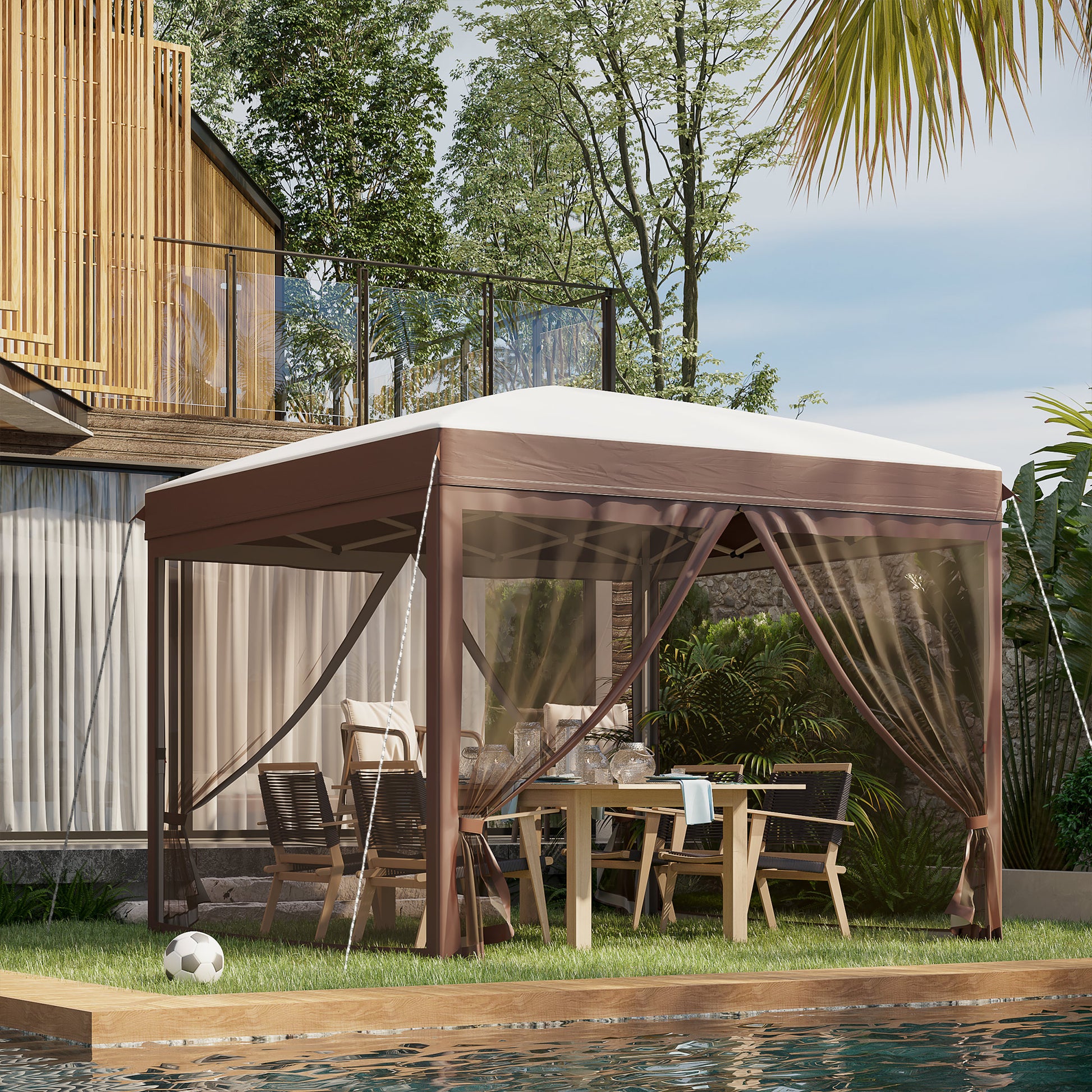 Pop-up Folding Garden Gazebo 3x3m with Mosquito Net and Wheels Carry Bag, UV50+, Cream Color