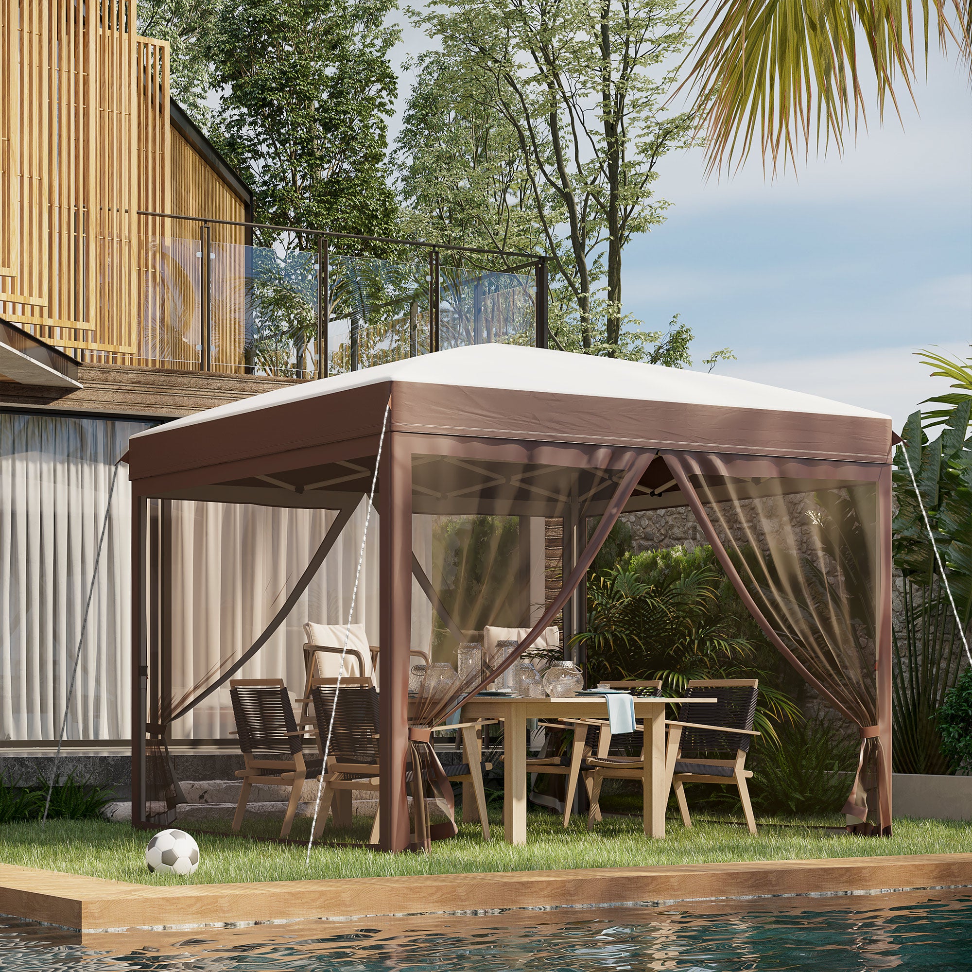 Pop-up Folding Garden Gazebo 3x3m with Mosquito Net and Wheels Carry Bag, UV50+, Cream Color