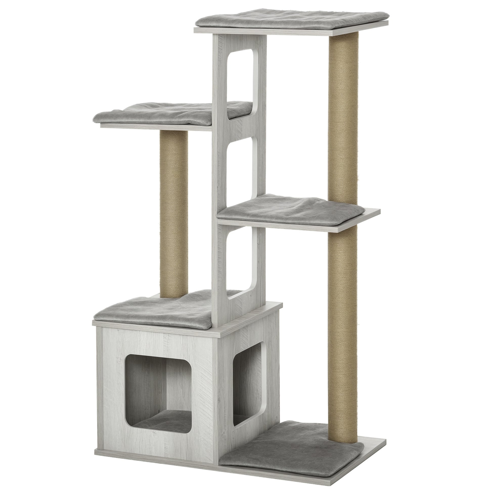 Multi-Level Scratching Tree for Cats with House and Jute Ropes, 67x38.5x114 cm, Gray