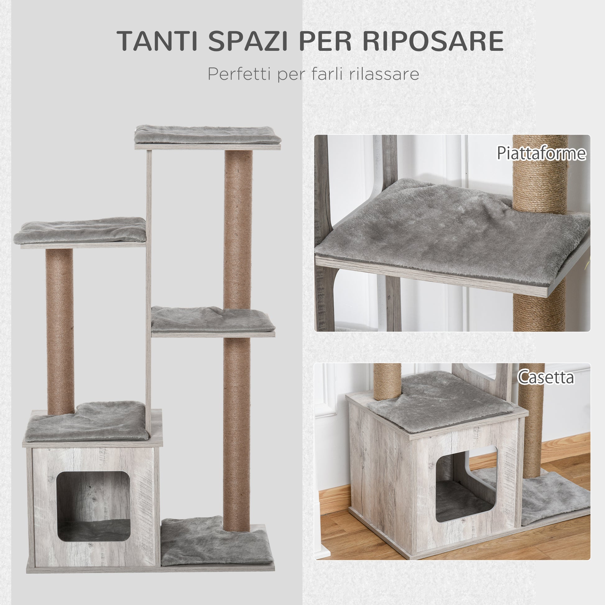 Multi-Level Scratching Tree for Cats with House and Jute Ropes, 67x38.5x114 cm, Gray