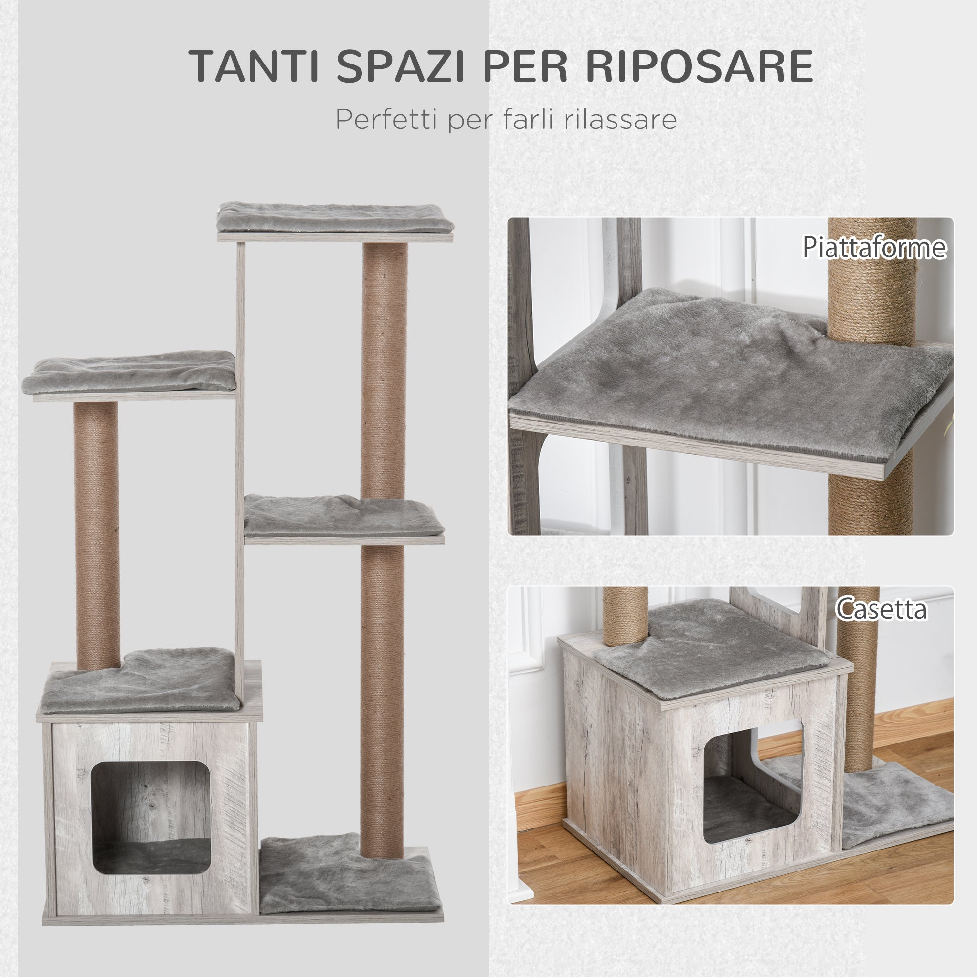 Multi-Level Scratching Tree for Cats with House and Jute Ropes, 67x38.5x114 cm, Gray