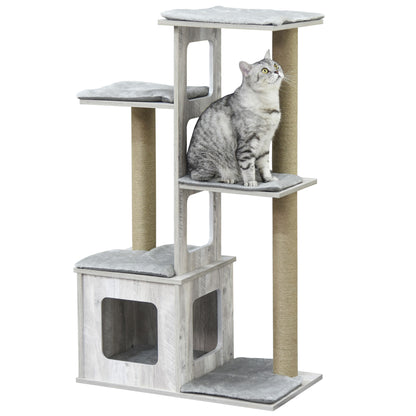Multi-Level Scratching Tree for Cats with House and Jute Ropes, 67x38.5x114 cm, Gray