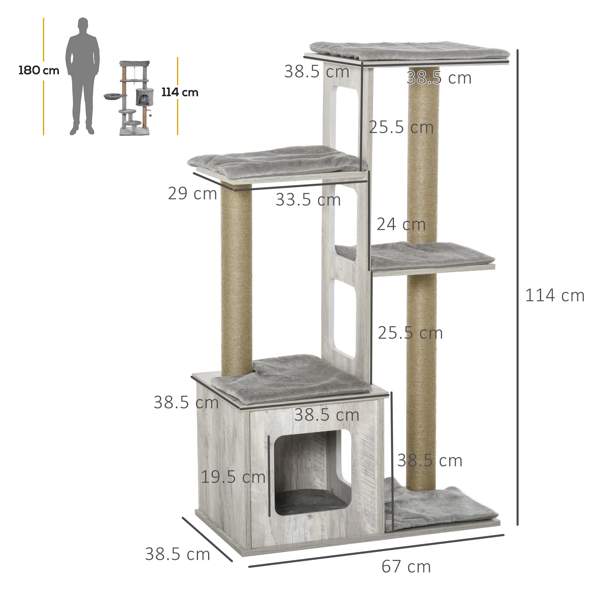 Multi-Level Scratching Tree for Cats with House and Jute Ropes, 67x38.5x114 cm, Gray