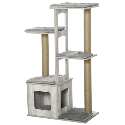 Multi-Level Scratching Tree for Cats with House and Jute Ropes, 67x38.5x114 cm, Gray