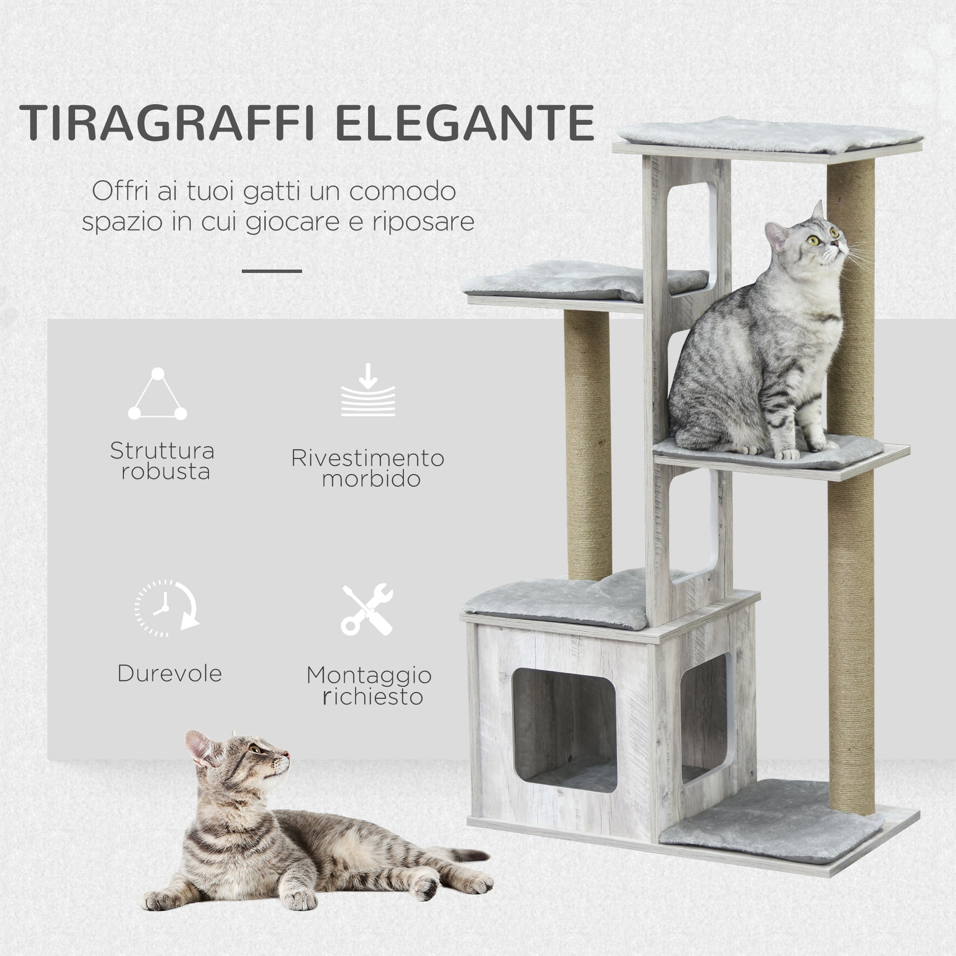 Multi-Level Scratching Tree for Cats with House and Jute Ropes, 67x38.5x114 cm, Gray