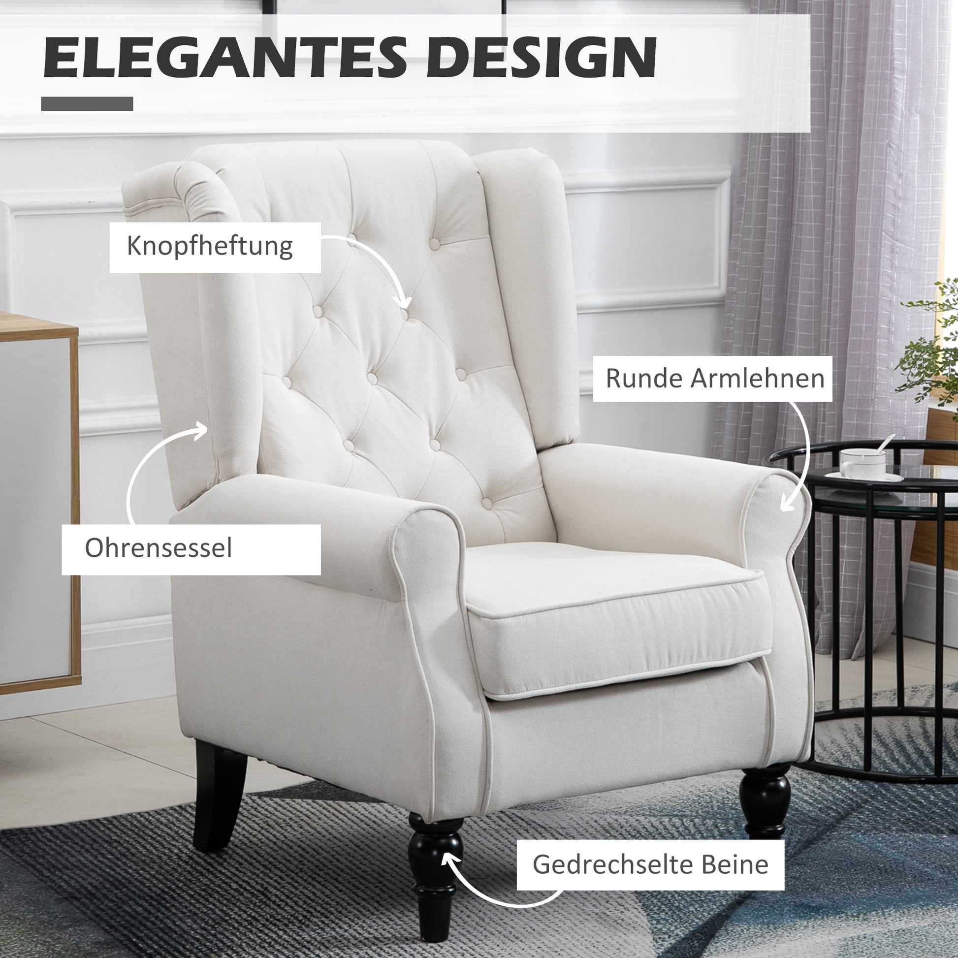 Wingback Chair with Tufting, High Backrest, Upholstered Lounge Chair with Rounded Armrests, Wooden Legs, for Bedroom, Living Room, up to 160 kg, Cream White